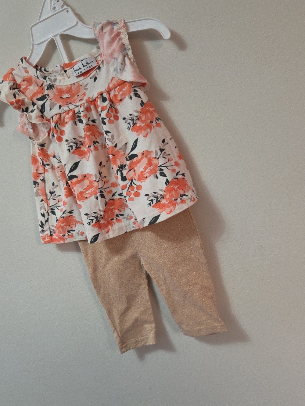Hudson Baby White Floral Ruffle Tank with Coral Flowers and Gold Leggings